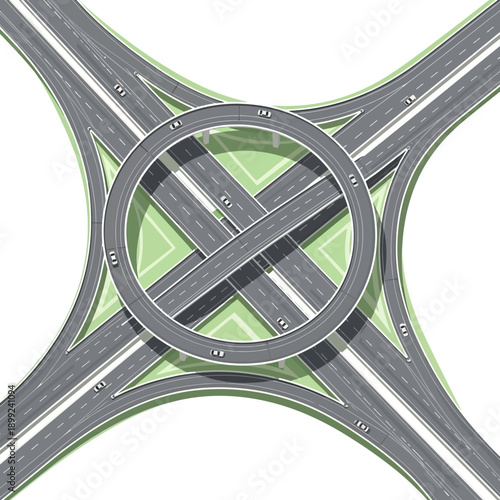 Modern Highway Interchange with Elevated Roundabout and Overpasses - Aerial View