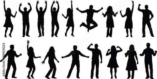 Silhouette collection of happy people dancing, jumping, and celebrating with raised hands, expressive poses for party or success.