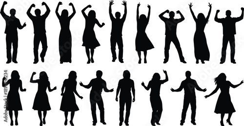Silhouette collection of happy people dancing, jumping, and celebrating with raised hands, expressive poses for party or success, victory.