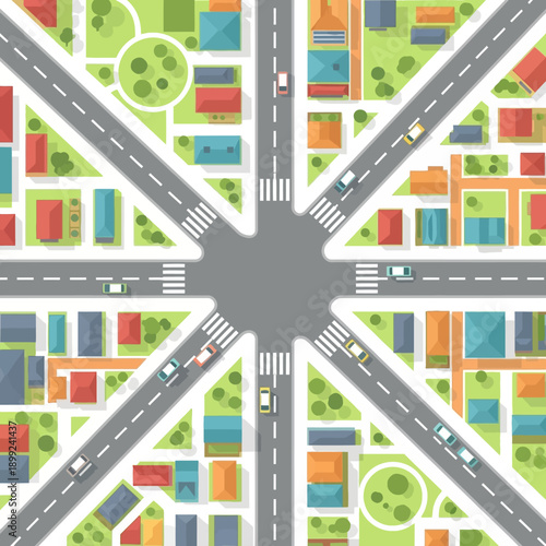 Aerial View of Urban Intersection with Roads, Houses, and Cars