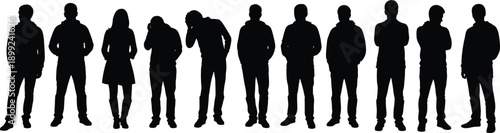 Silhouette of diverse people and groups standing together in various poses isolated on white background, community social gathering.