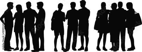 Silhouette of diverse people groups talking and standing together in conversation isolated on white background, community social gathering.