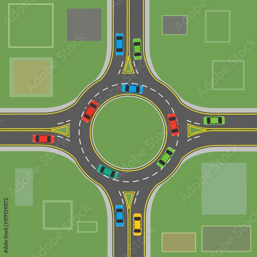 Top View of Busy Traffic Circle Intersection with Cars Driving