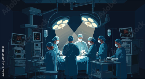 A team of surgeons in an operating room with bright lights, performing a complex surgery