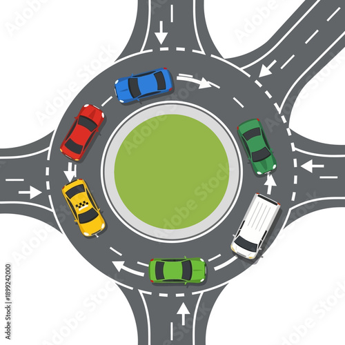 Roundabout Traffic Flow with Cars - Aerial View