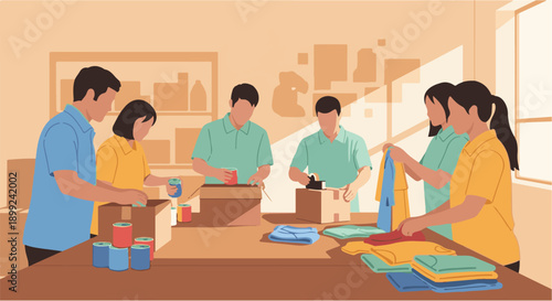 Dedicated group of diverse volunteers sorting and packing essential donations, including clothes and food, for community distribution, embodying teamwork and humanitarian aid efforts