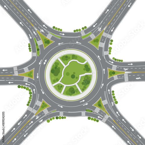 Modern Multilane Roundabout Intersection with Green Central Park and Pedestrian Crossings
