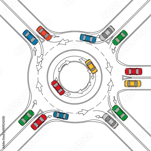 Busy roundabout with cars, traffic flow, and intersection illustration