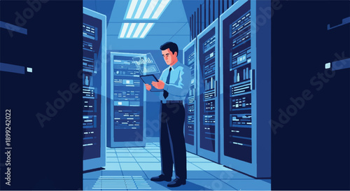 IT Professional Monitoring and Managing Data Servers in a High-Tech Network Data Center, Ensuring Seamless Operations and Infrastructure Security