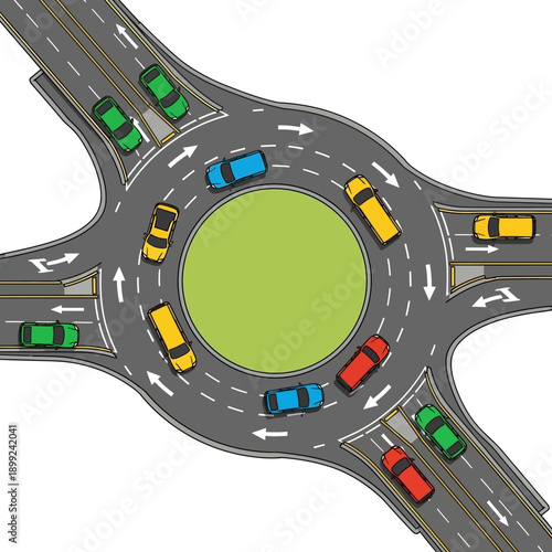 Busy traffic roundabout with cars, traffic flow, intersection, city transport