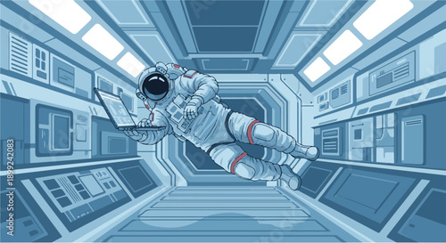 Astronaut in Futuristic Spaceship Working on Laptop, Embracing Zero-Gravity Productivity and Digital Connectivity in the Vastness of Space