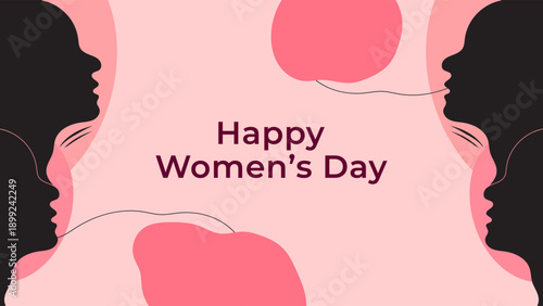 Happy Women’s Day Illustration Featuring a Female Silhouette with Abstract Flowing Shapes Soft Pink Background Design Vector. Ideal for Social Media Posts, International Women’s Day, Greetings