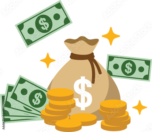 Money bag with gold coins and floating dollar bills, financial success concept, wealth accumulation, savings growth, and investment profit illustration
