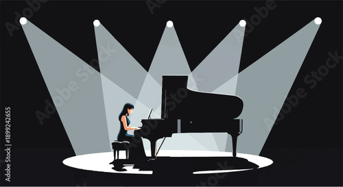 Graceful woman pianist performs a beautiful melody on a grand piano bathed in radiant spotlights, creating an enchanting live music experience on stage with artistic flair
