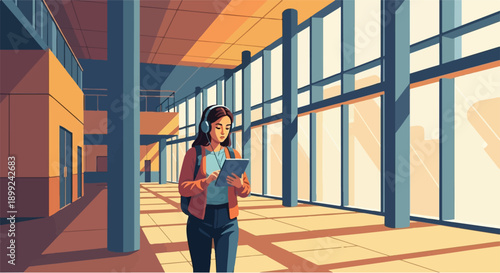 Modern architectural hallway with a young woman wearing headphones and using a tablet, bathed in warm sunlight from large windows