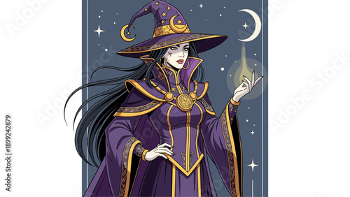 Mystical Witch in Purple Robe with Magic Spark and Celestial Hat