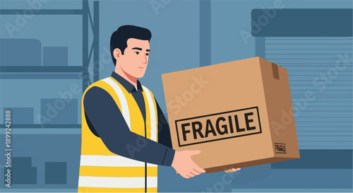 Dedicated logistics professional ensuring careful handling of fragile packages in a secure warehouse environment, highlighting shipping and storage safety