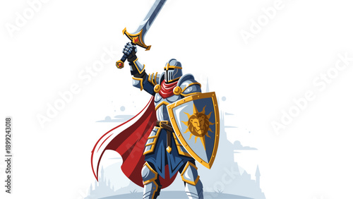Victorious Fantasy Knight in Full Armor with Sword and Shield - Heroic Warrior Character Illustration