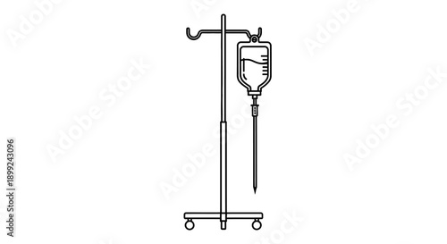 Medical IV pole with saline solution bag on a wheeled stand for hospital use