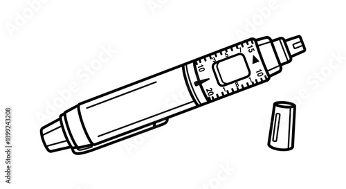 Medical device illustration of a pen-like injector with cap removed, viewed from a slight angle, showcasing its design and mechanism.