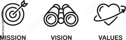 Mission vision values icons with labels