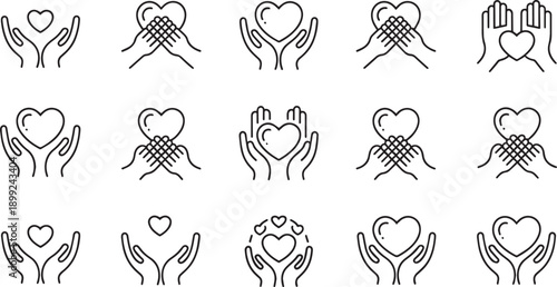 Set of hands holding hearts with different patterns isolated on transparent background