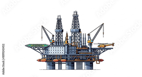 Offshore oil rig platform industrial complex with helicopter.