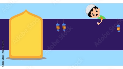 Animated Ramadan greeting card with empty space decorated with mosque lanterns and cute little children