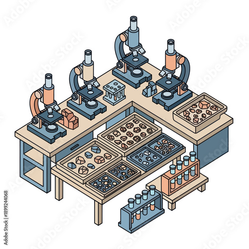 Microscopes and Laboratory Equipment on Workbench.