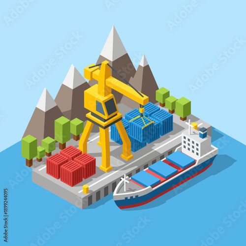 3D Rendering of Crane and Cargo Ship.