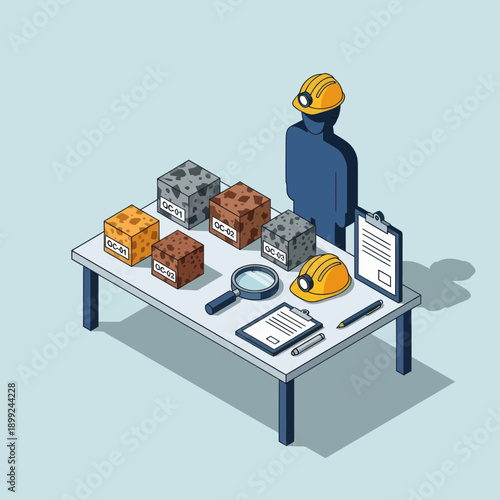 Inspector Examining Shipping Containers on Table.