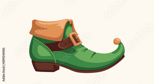 A whimsical green elf shoe with a curled toe and a buckle, perfect for a festive costume.