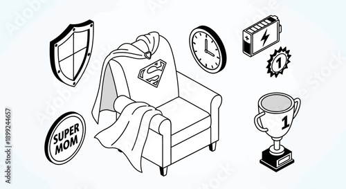 An armchair draped with a Superman cape, symbolizing a 'Super Mom' with surrounding icons of a shield, clock, battery, and trophy.