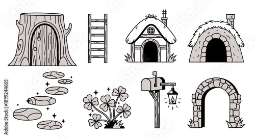A collection of whimsical illustrations featuring fairy tale elements like a tree stump house, a thatched roof cottage, a stone archway, and a mailbox.