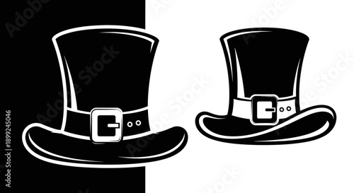 Two black top hats with white buckles, one on a black background and the other on a white background.