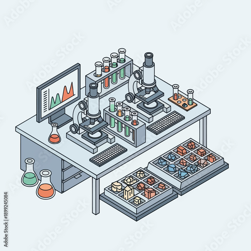 Laboratory Equipment and Microscope on Workbench.