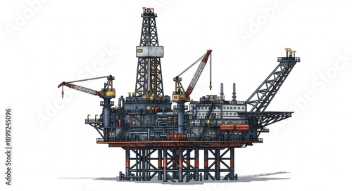 Offshore oil rig platform industrial structure for energy production.