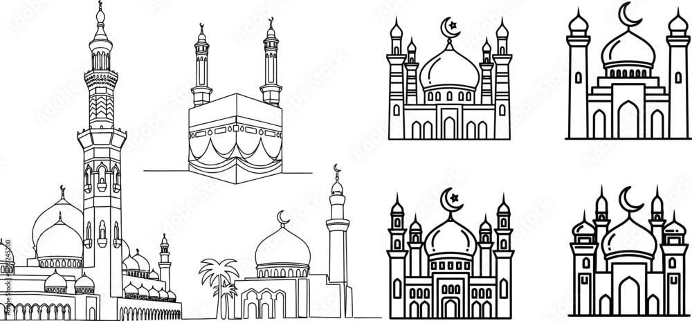 Obraz premium Line art illustrations of various islamic mosques and crescent moon designs