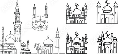 Line art illustrations of various islamic mosques and crescent moon designs