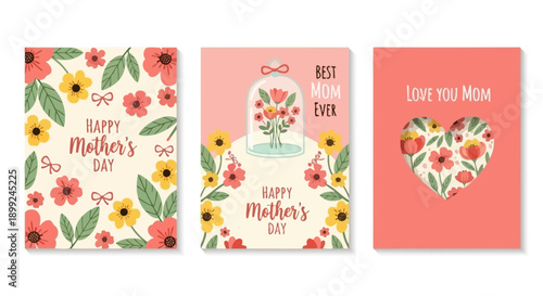 Three Mother's Day greeting cards with floral designs and heartfelt messages.