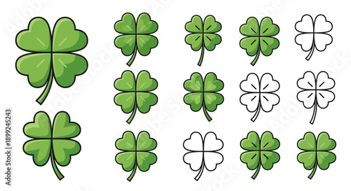 A collection of stylized four-leaf clover icons in various green shades and outline designs, representing luck and nature.