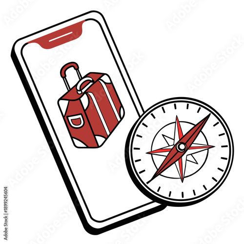A smartphone displaying a travel app with a compass and a suitcase icon.
