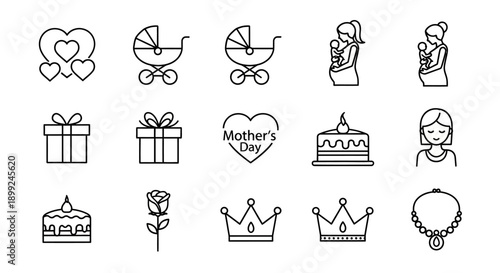 A collection of line art icons representing motherhood, gifts, celebrations, and family, including baby strollers, mothers with babies, gift boxes, cakes, a rose, crowns, and a necklace.