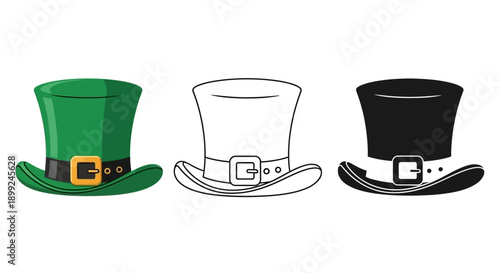 Three top hats, one green, one black, and one outline, each with a buckle, displayed side by side.