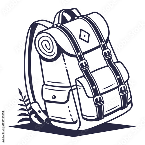 A detailed illustration of a backpack with various compartments and straps.