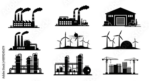 Collection of industrial factory and energy generation icons.