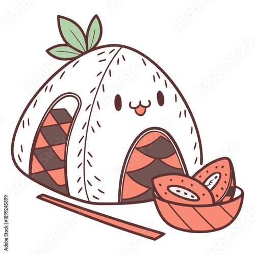 A whimsical depiction of a smiling onigiri with chopsticks and a face