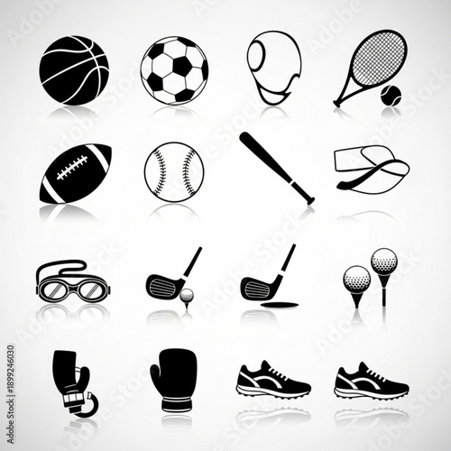 Black and white sports equipment silhouettes arranged in vector icon grid