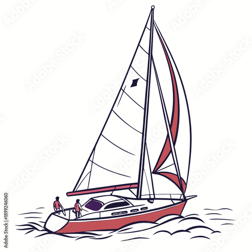 A sailboat gliding through calm waters under a clear blue sky