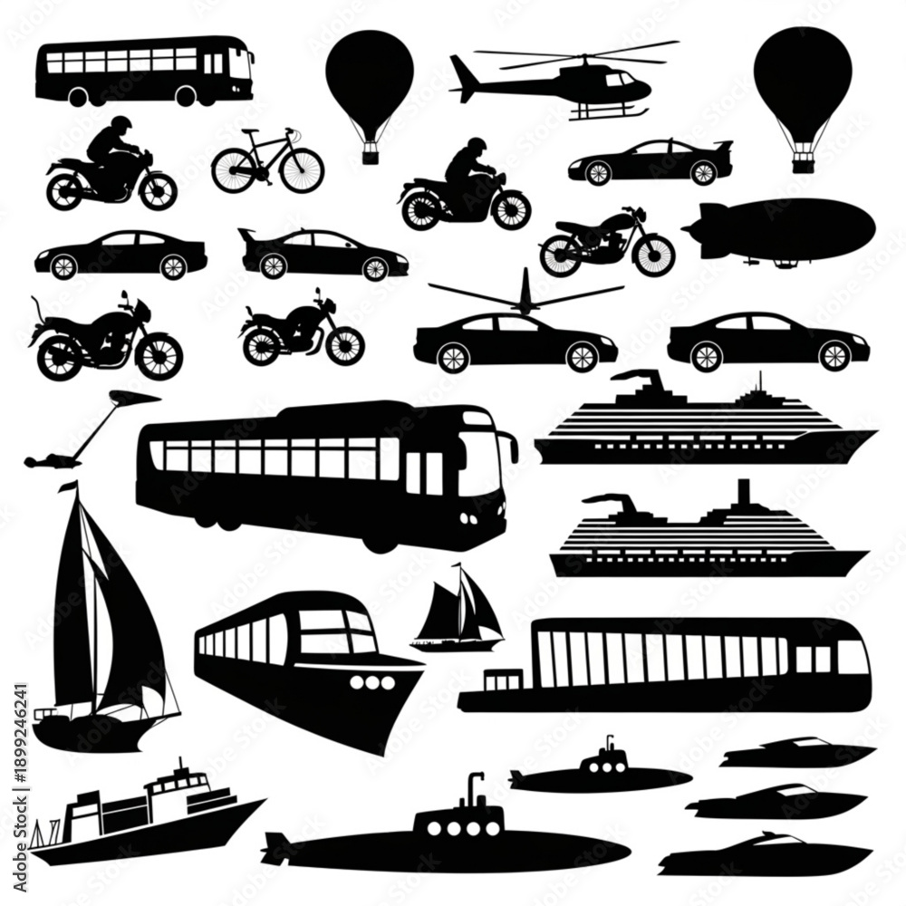 Naklejka premium Black and white transportation silhouettes including land air and sea vehicles
